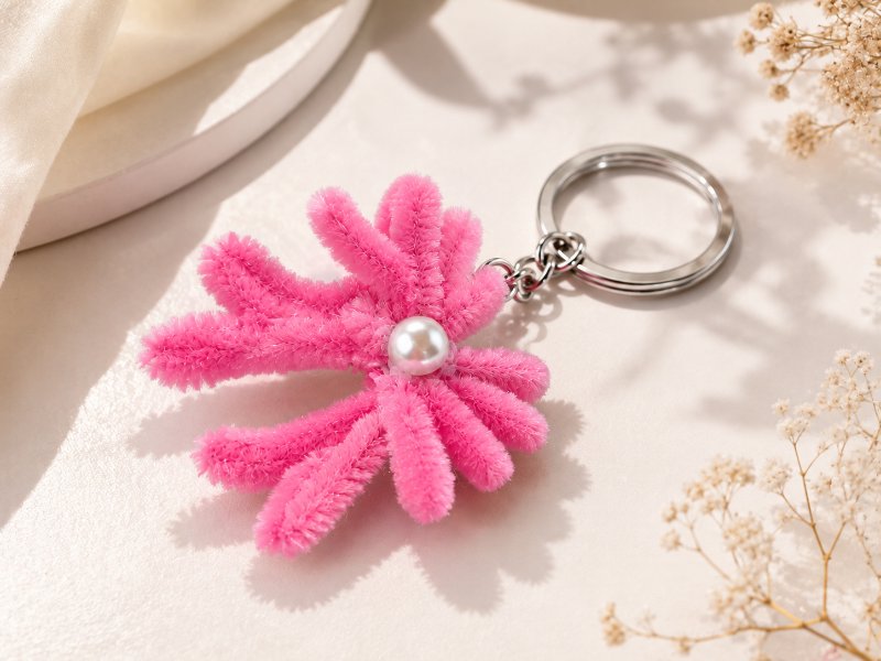 Handmade Pink Bow Pipe Cleaner Key Chain